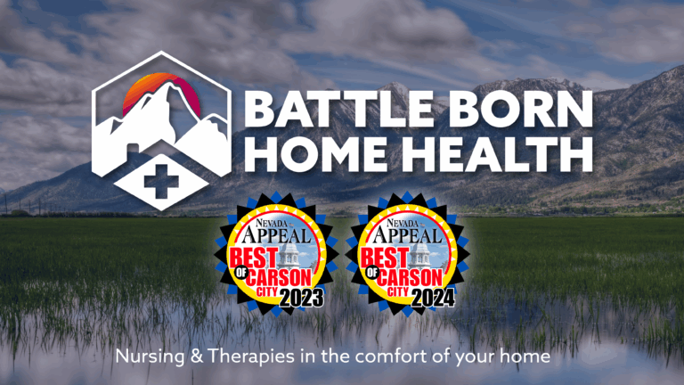 Home page header for Battle Born Home Health. Includes Best of Carson City Logos for 2023 and 2024